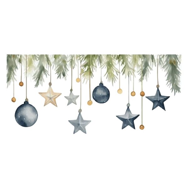 Watercolor Christmas Tree Branches Decorated With Baubles